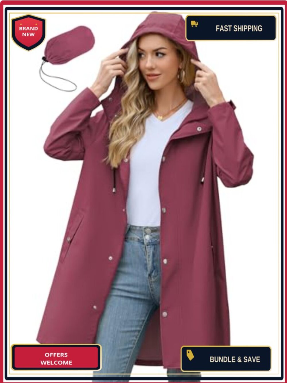 Long Waterproof Rain Jacket with Hood Packable